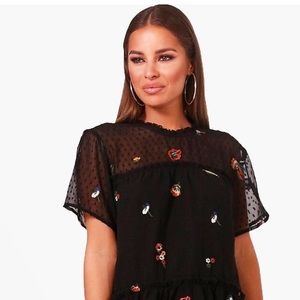 Boohoo Petite Embroidered Black Dress